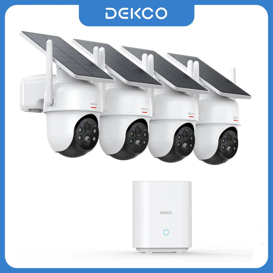 Dekco 3MP Solar Camera System 4 Cams Kit 5000mAh Battery Wireless 360° PTZ Surveillance Wifi Camera Set Support Alex 2-way Audio
