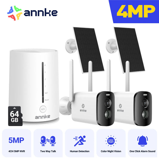Annke 4MP solar security cameras 4CH Wireless NVR 4mm color night vision camera Audio 2.4G 5.8G dual-band WiFi IP Camera Outdoor
