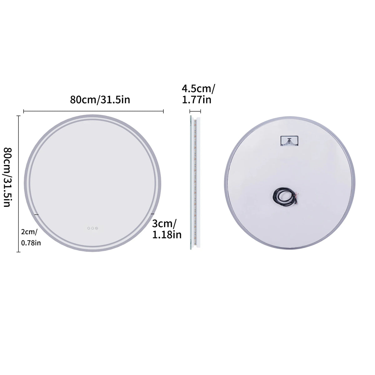 LUVODI 80cm Round Bathroom Mirror with Intelligent Illuminate Touch Screen Dimmable Anti-Fog LED Light for Bathroom