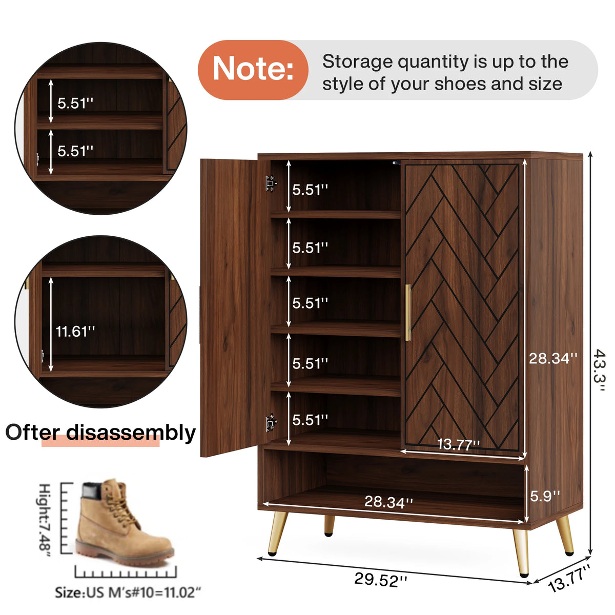 Tribesigns 6-Tier Shoe Cabinet with Doors, Walnut Wooden Shoe Storage Cabinet with Adjustable Shelves for Entryway