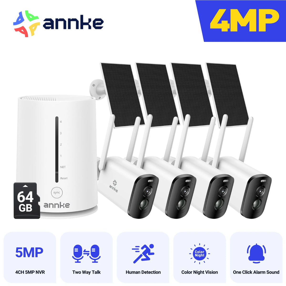 Annke 4MP solar security cameras 4CH Wireless NVR 4mm color night vision camera Audio 2.4G 5.8G dual-band WiFi IP Camera Outdoor