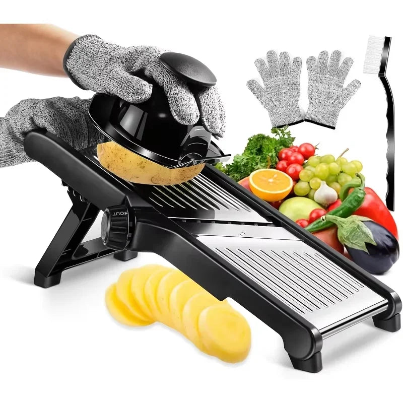 Stainless Steel Mandoline Slicer with 5 Blades & Holder - Safe Hand Guard Food Chopper for Vegetable Fruit, Easy Clean