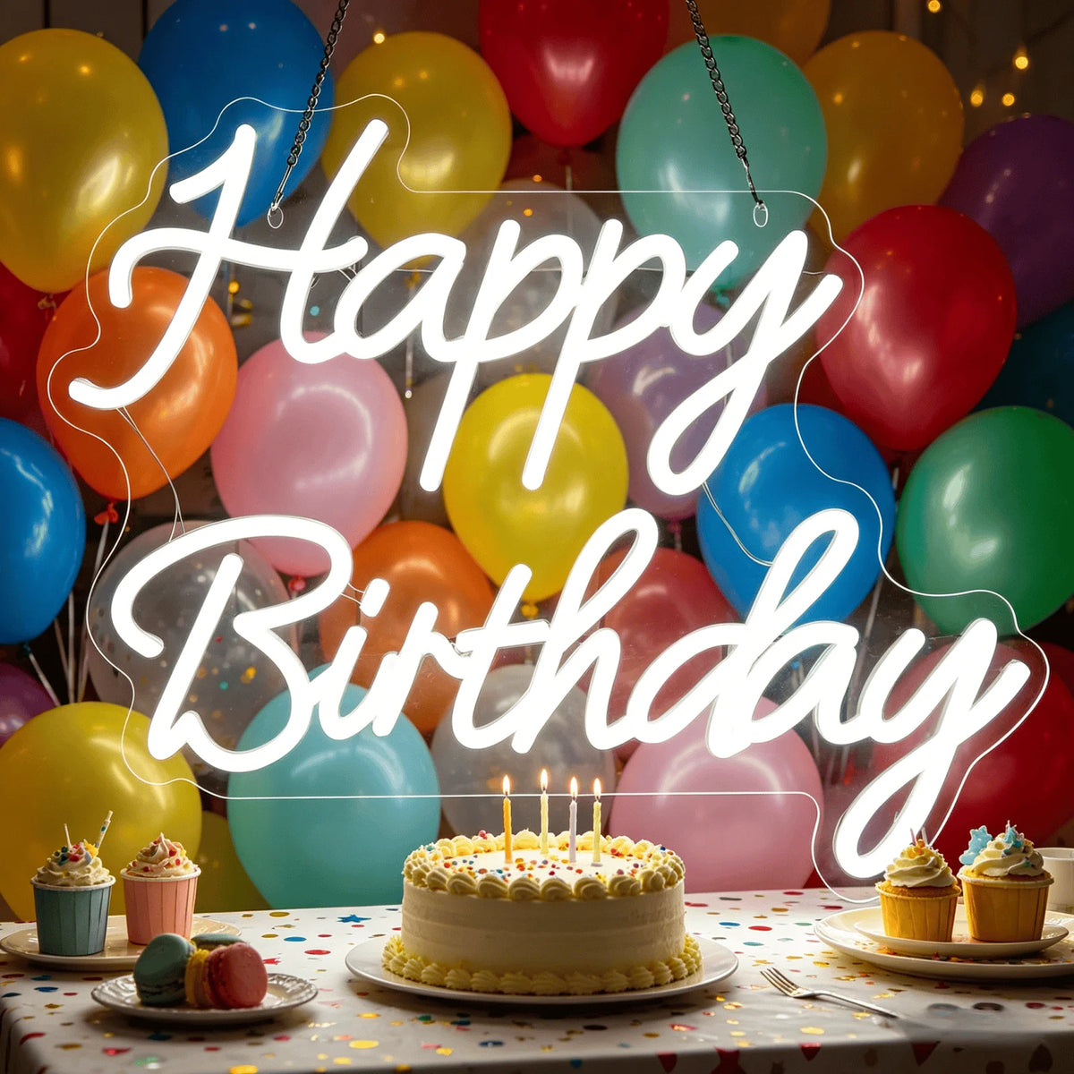 Happy Birthday White LED Neon Sign USB Wall Light Bakery Birthday Party Decor