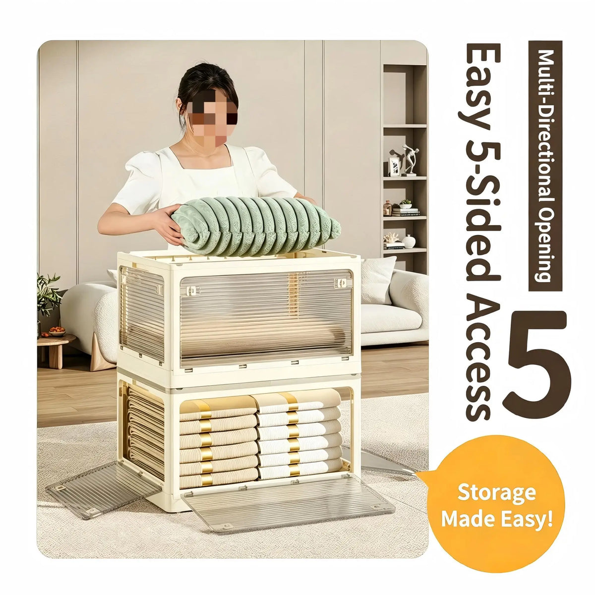 Plastic Storage Box with Lid, Foldable with Wheels, Five-Opening Door, Stackable, Used for Organizing Clothes, Snacks, and Camping, White and Light Yellow