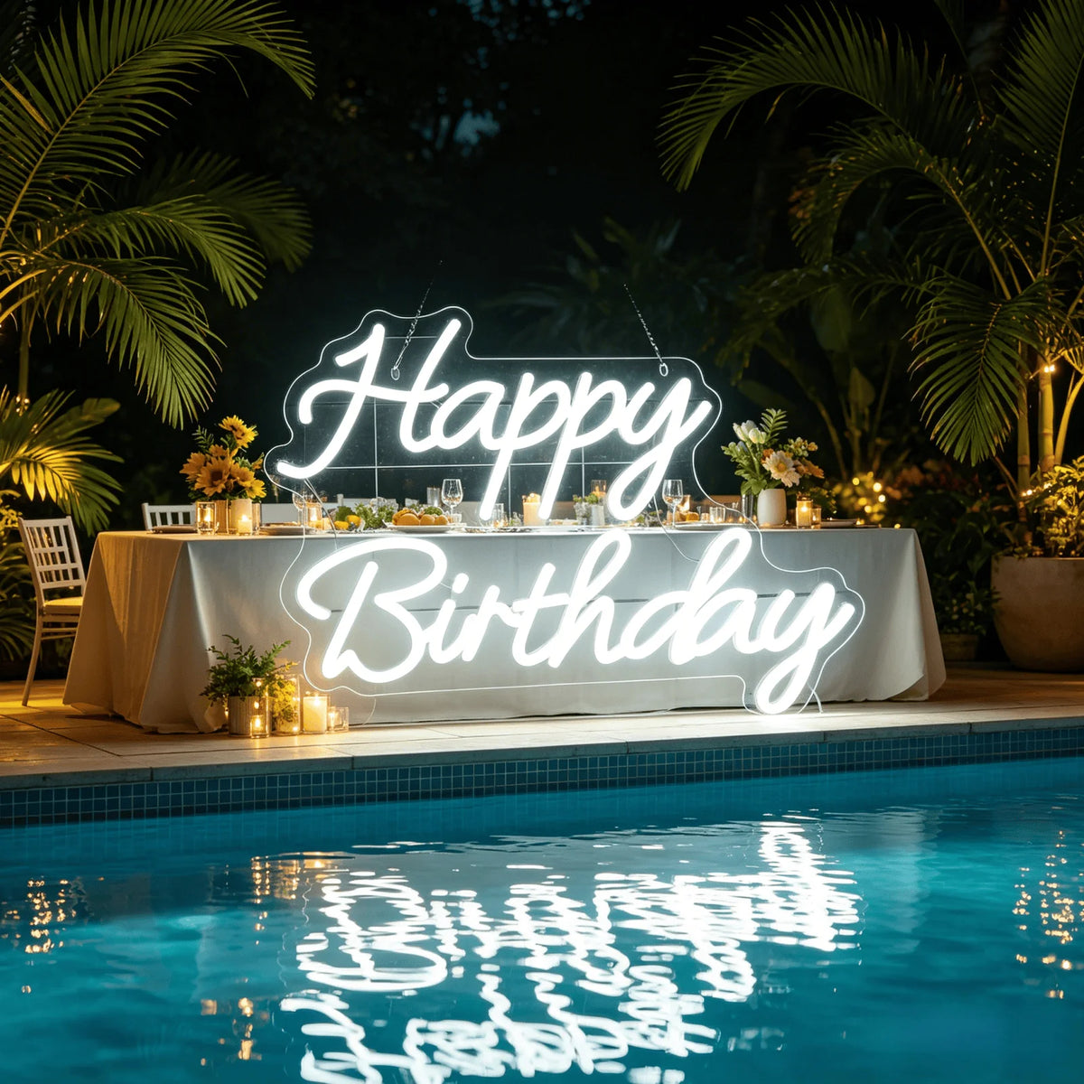 Happy Birthday White LED Neon Sign USB Wall Light Bakery Birthday Party Decor