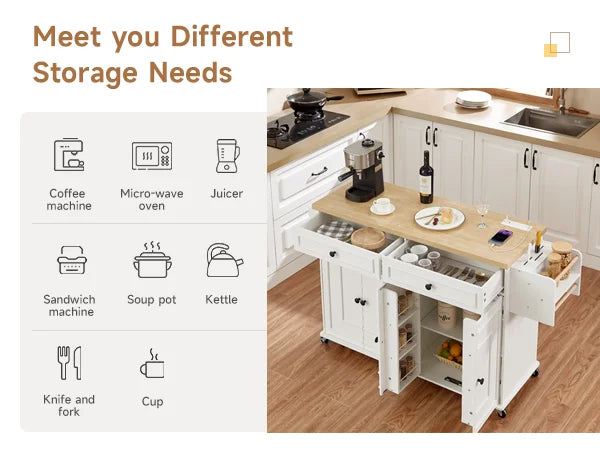 60" Mobile Kitchen Islands Rolling Trolleys Kitchen Island Table Drop Leaf Home Carts with Power Outlet Spice Towel Rack Trash