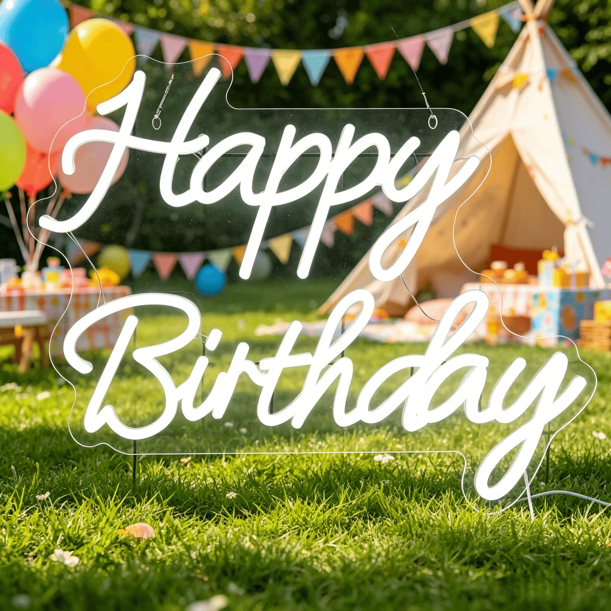 Happy Birthday White LED Neon Sign USB Wall Light Bakery Birthday Party Decor